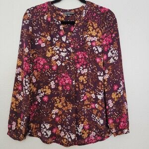 Adrianna Papell Floral Blouse Size Small Plum‎ Pink V Neck Boho Cottagecore Top